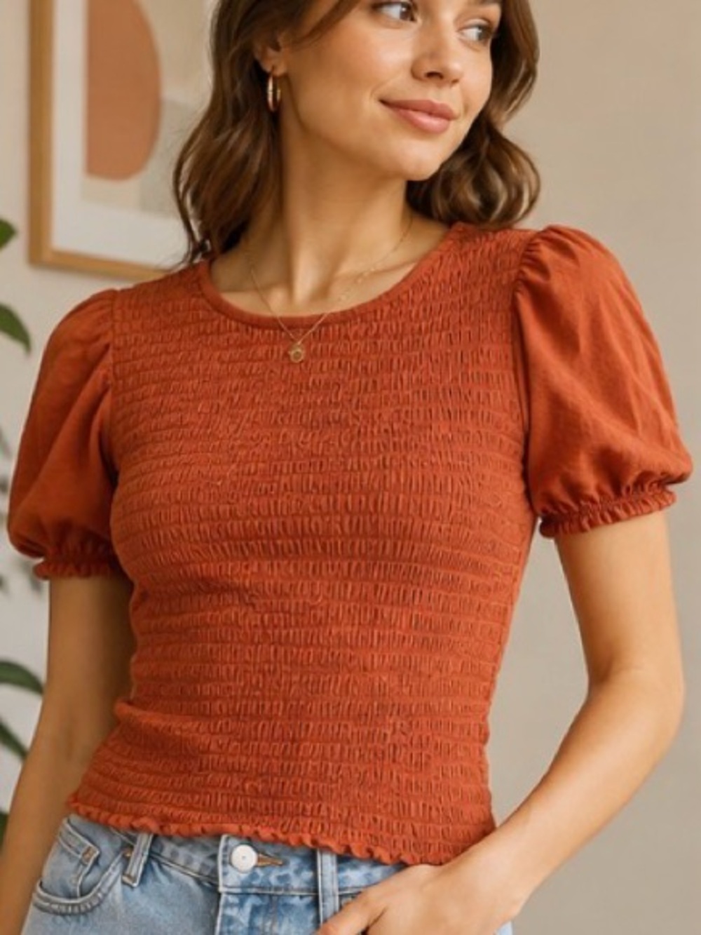 Twik Simons Organic Cotton Smocked Puff Sleeve Top XS Rust Orange